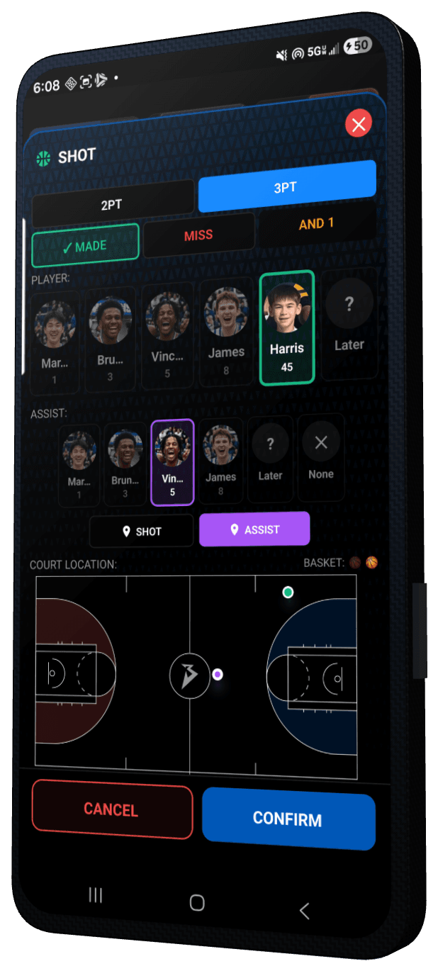 SPL45H live game shot tracking — player, assist, and court location on phone